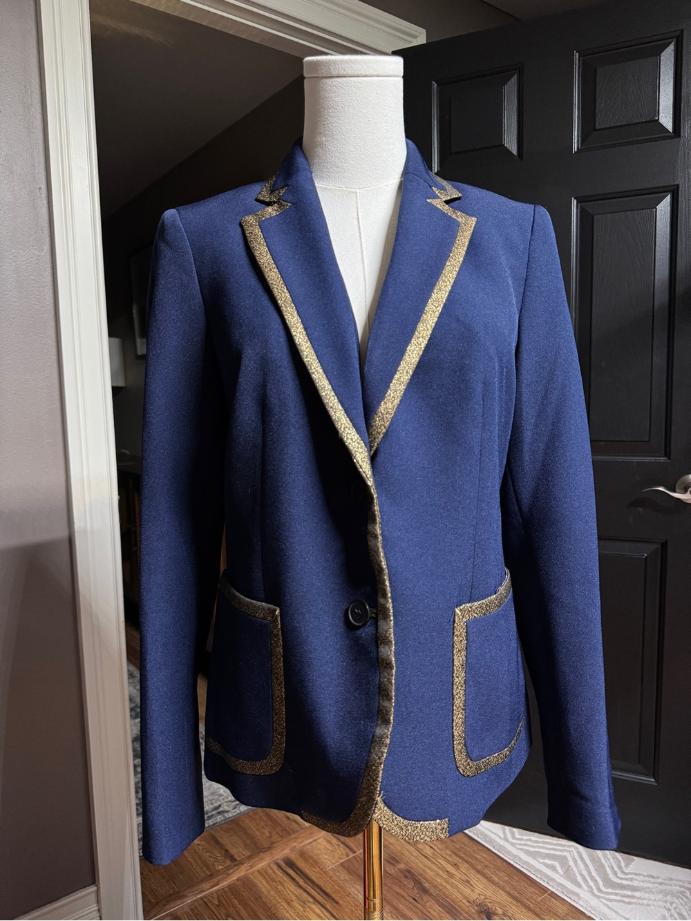 {Anne Klein} Navy Blue Gold Trim Tailored Fit Blazer Suit Coat WBZ1